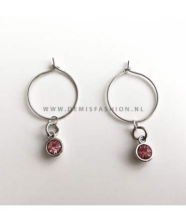 Zilverkleurige licht roze steen oorbellen Roos